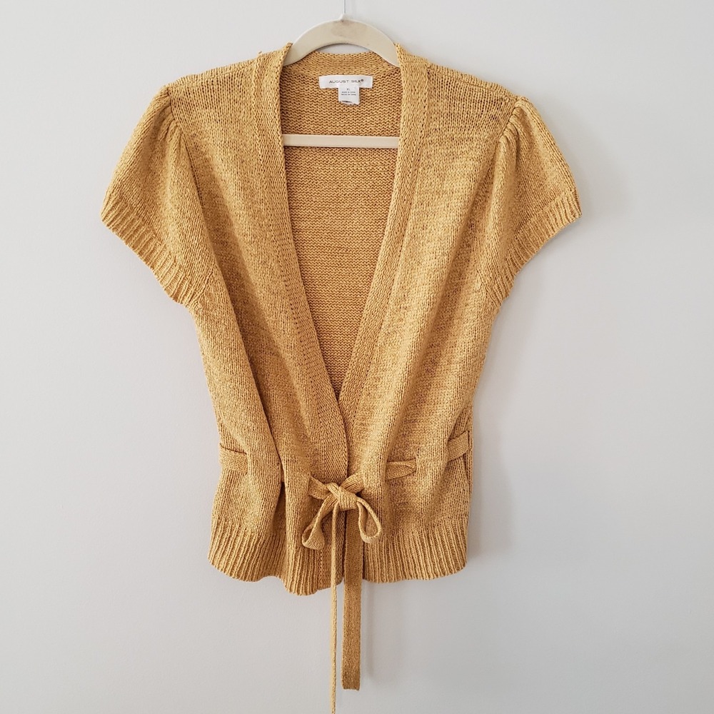 August Silk Women Y2K Boho Short Sleeve Cardigan Sweater XL Front Tie Fall Layer
